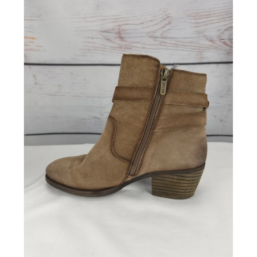 Pikolinos Womens Tan Stone Suede Ankle Boots Buckle Zip Side Block Heel Size‎ 36